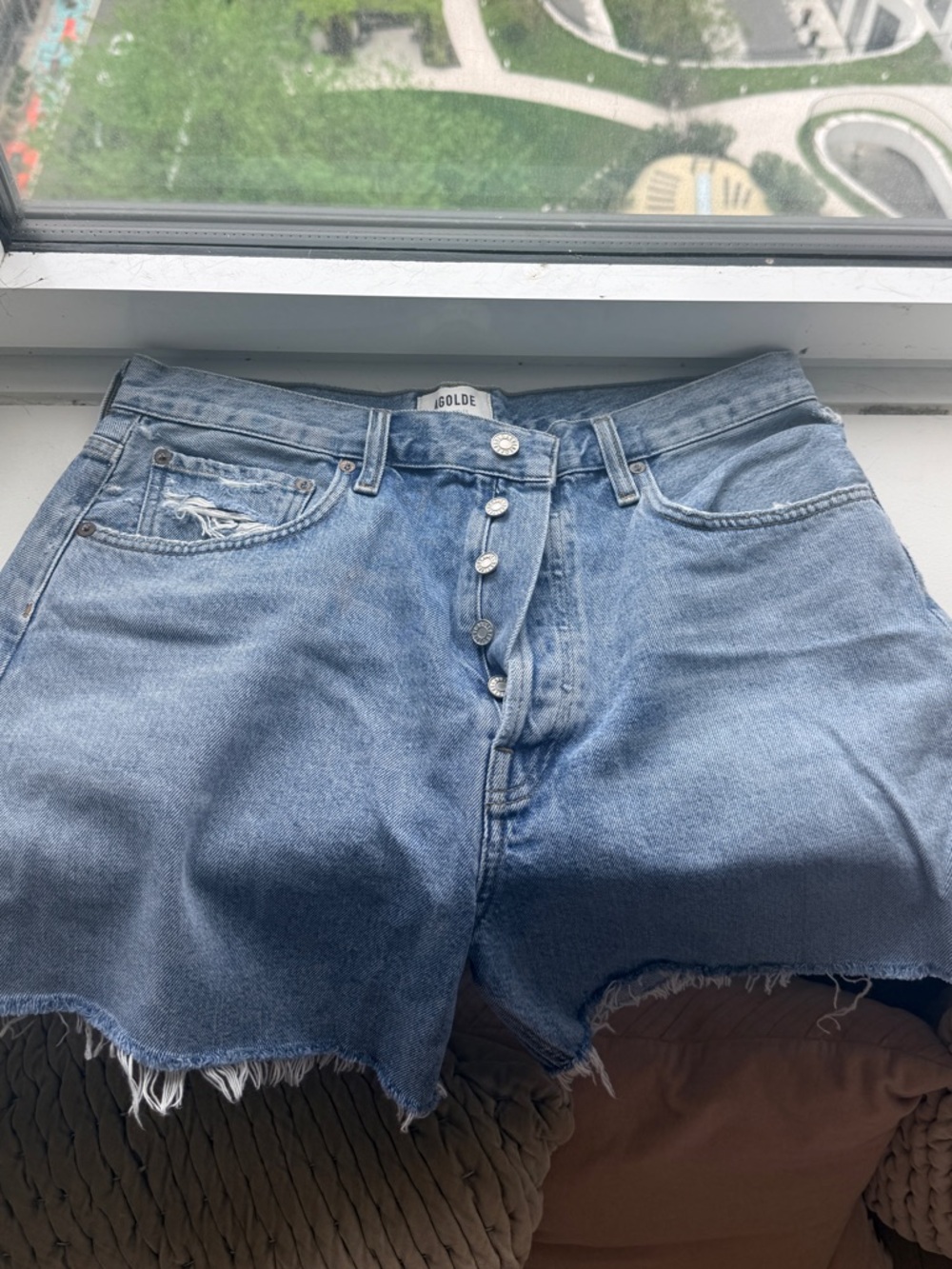 AGOLDE Button Fly Cutoff Denim Shorts Light Wash Raw Hem 31